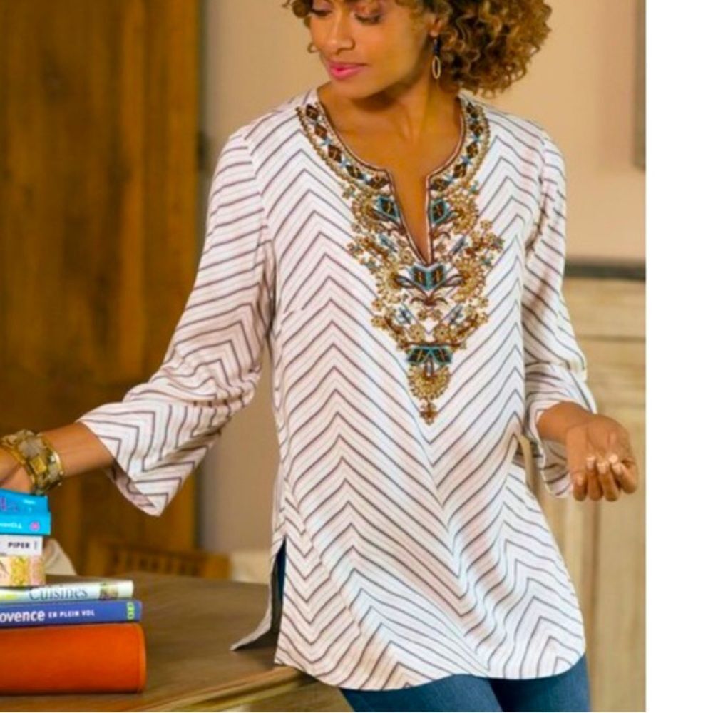 Soft Surroundings Top womens Tangier Bohemian Bead Sequin Chevron Striped Tunic
